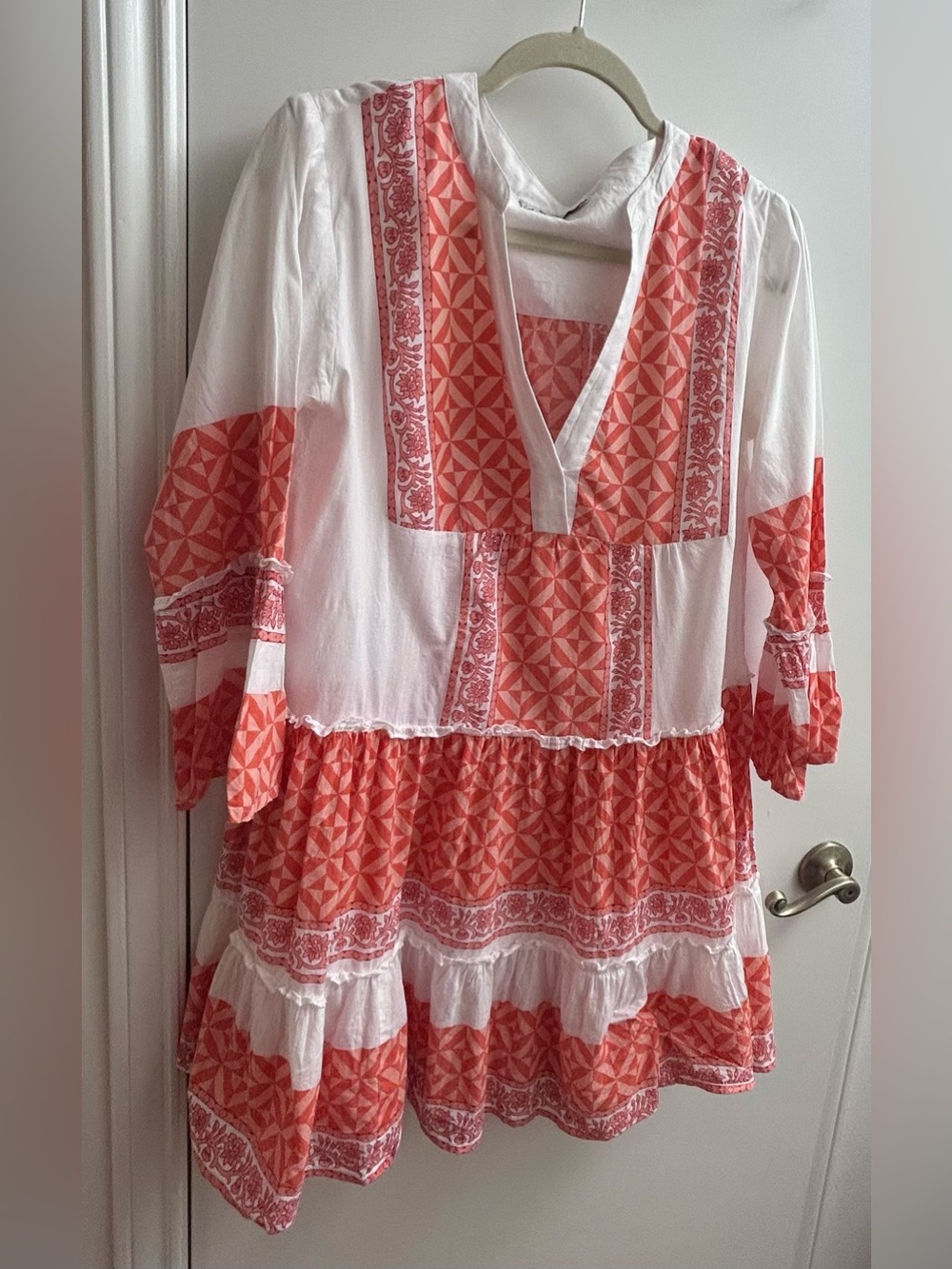 Bindu Womens White Orange Geometric Floral Embellishments Tunic Dress Size Small
